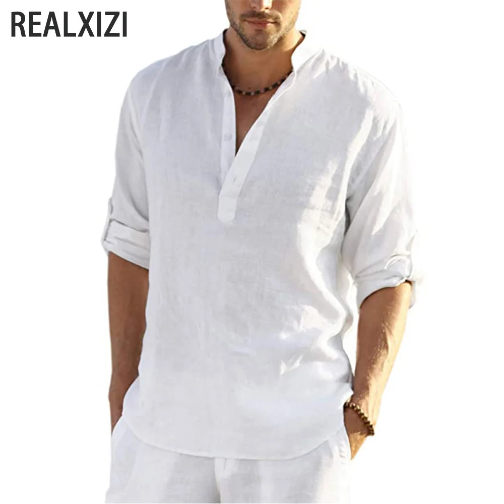 

Men's Casual Shirt V-neck Sweatshirt Cotton Linen Blouse Loose Fashion Shirts Long Sleeve Spring Summer Brand Streetwear Tops