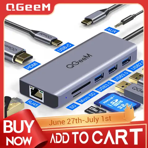 Концентратор QGeeM USB C для Macbook Pro Air Xiaomi HDMI VGA Считыватели карт Micro SD RJ45 Aux PD Зарядное устройство USB Hub Type C Dock 3.0 Адаптер Разветвитель для ноутбуков ...