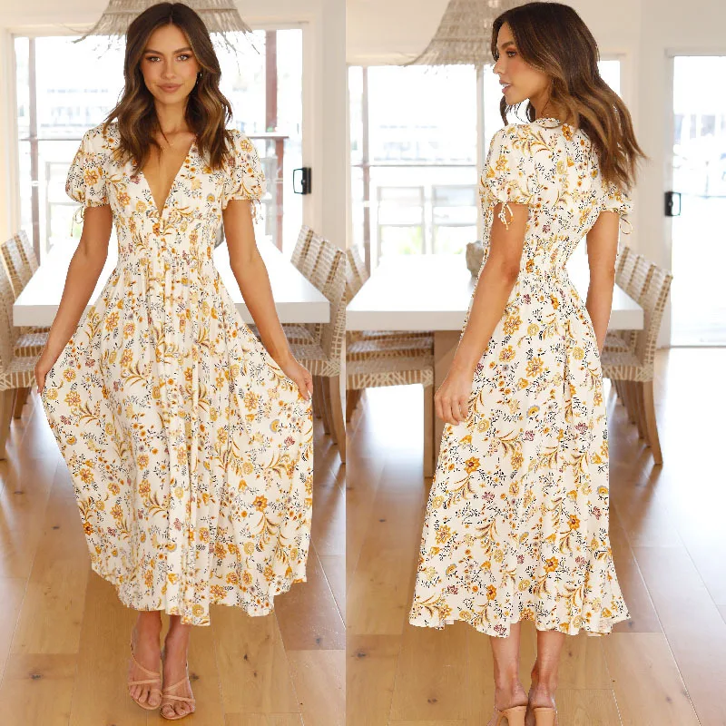 

2022Summer Casual Women's Cotton Short Sleeve PrintingVLarge Collar Swing Dress