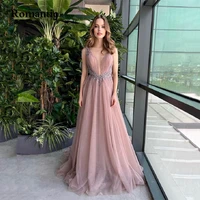 romantic a line elegant prom dresses v neck sleeveless pink tulle long evening dress sweep train sequin belt women prom gowns