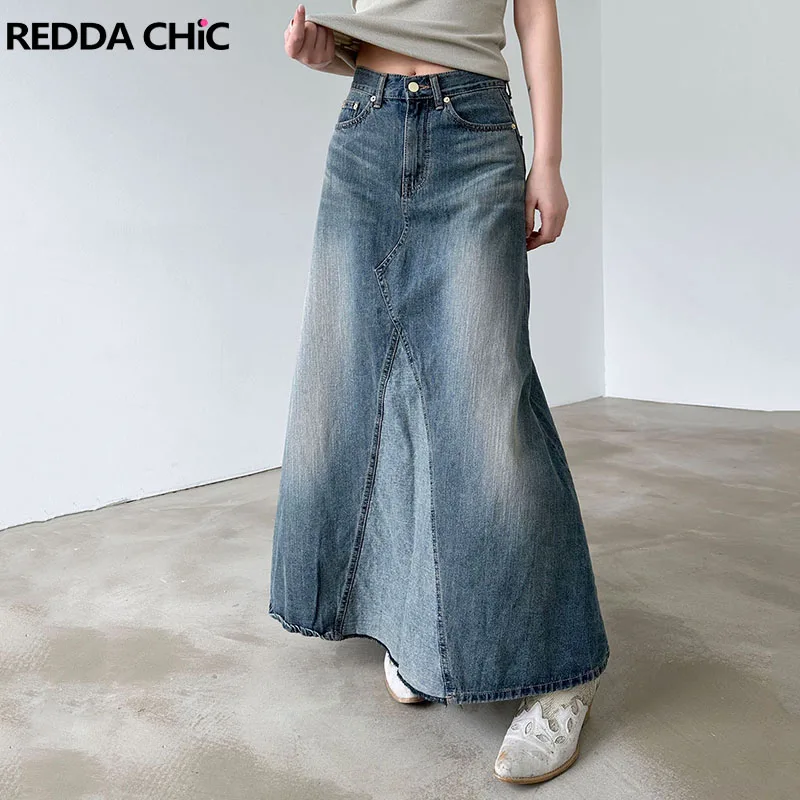 

REDDACHiC Patchwork Vintage Women Denim Maxi Skirt High Waist A-line Floor Long Balloon Skirt Blue Jeans Bottoms Y2k Streetwear