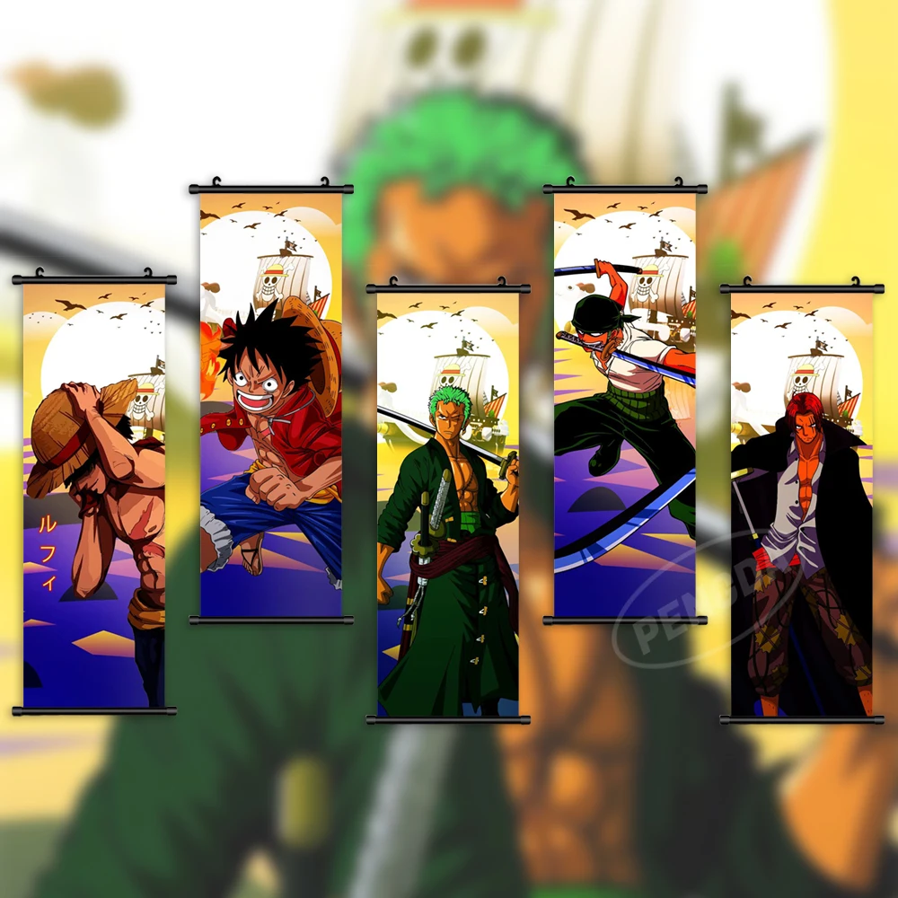 

Hanging One Piece Home Decor Shanks Canvas Pictures Luffy Poster Print Zoro Sanji Wall Art Portgas D Ace Scroll Painting Anime