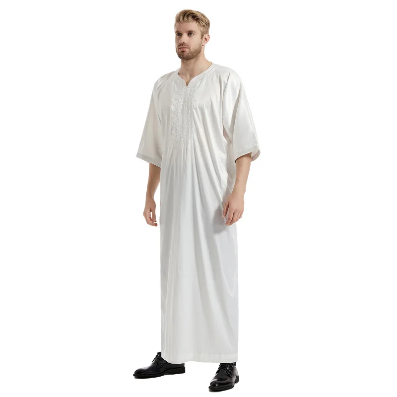 Muslim Fashion Ramadan Eid Middle East Men's Satin Long Sleeve Embroidery Robe Saudi Arabia Jubba  Thobes Islamic Clothing Men