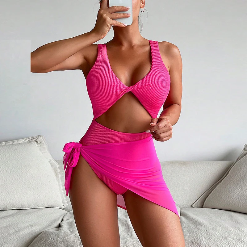 

Новинка, однотонная пляжная одежда с открытой спиной, Модные ажурные бикини с высокой талией и сетчатая накидка, женский костюм с V-образным вырезом и пуш-ап, купальник из 2 предметов