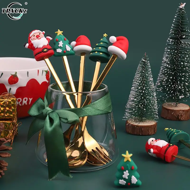 

4/6pcs Christmas Gift Cutlery Spoon Fork Set Elk Christmas Tree Decoration Dessert Spoon Fruit Fork Coffee Spoon Cutlery Gift