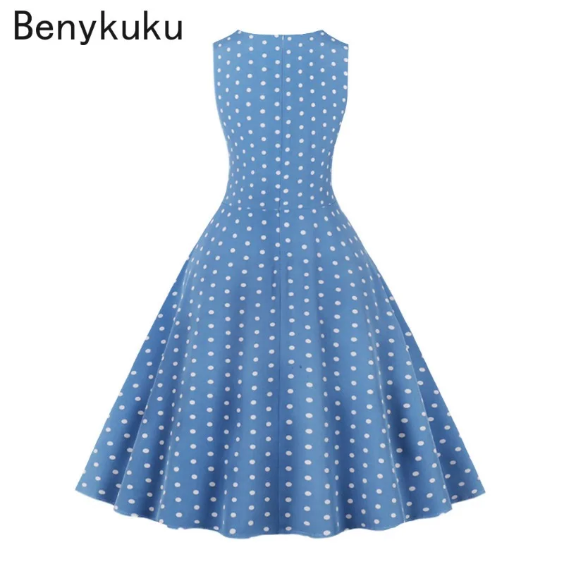 Женское винтажное платье в горошек черный сарафан без рукавов с круглым вырезом