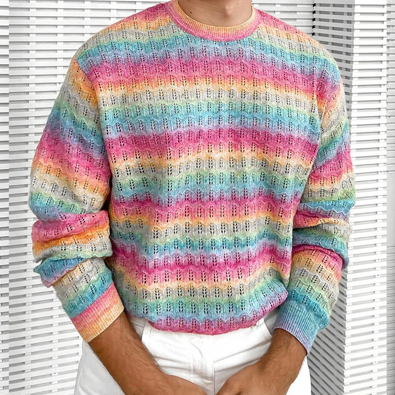 

Модные вязаные топы с круглым вырезом и длинными рукавами, пуловер, мужской осенний ажурный джемпер, вязаная уличная одежда, повседневный к...