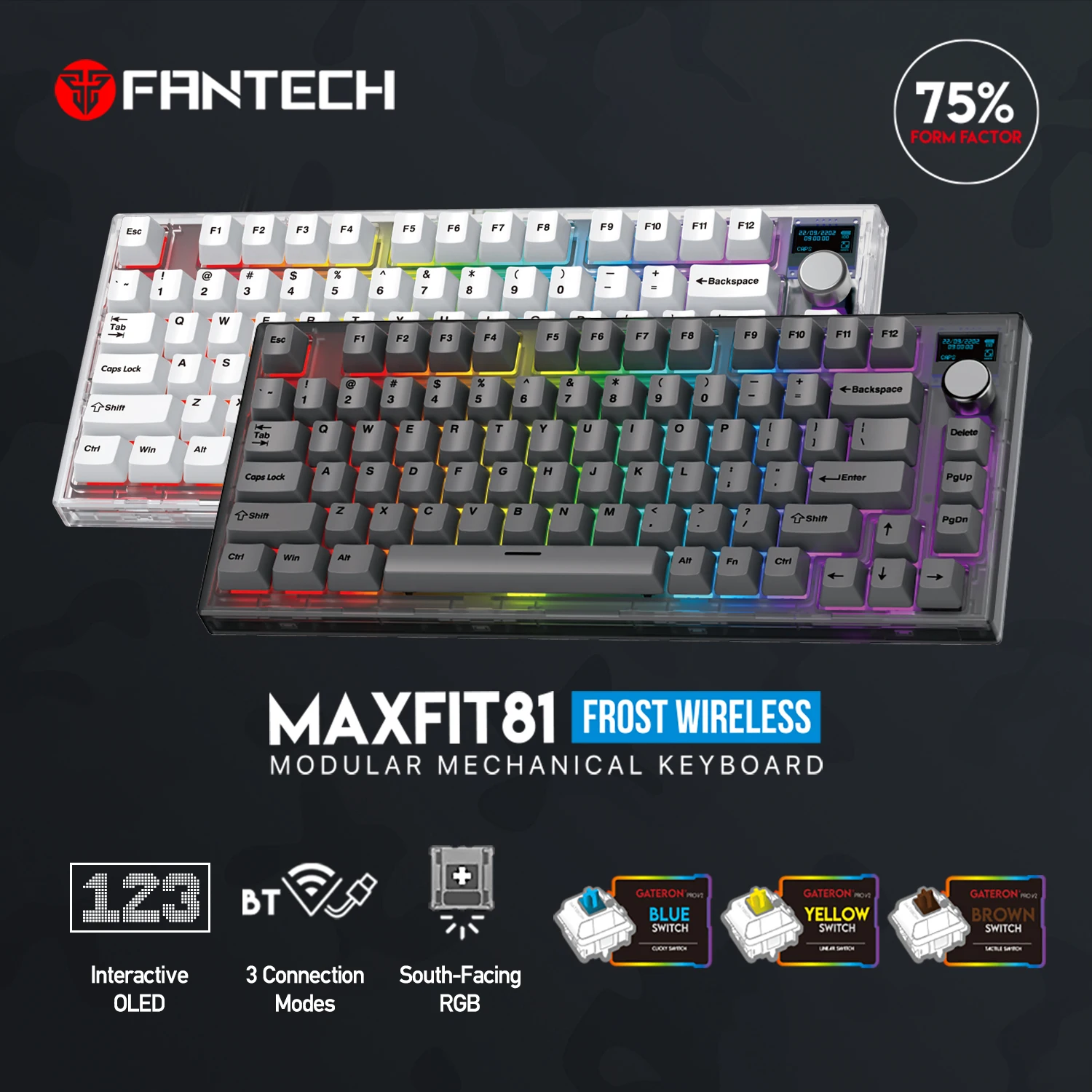 Fantech MAXFIT81 Frost Wireless Mechanical Keyboard Wired 2.4Ghz & BT 5.2 Wireless Hot Swap PBT RGB Keyboard For Keyboard Gamer