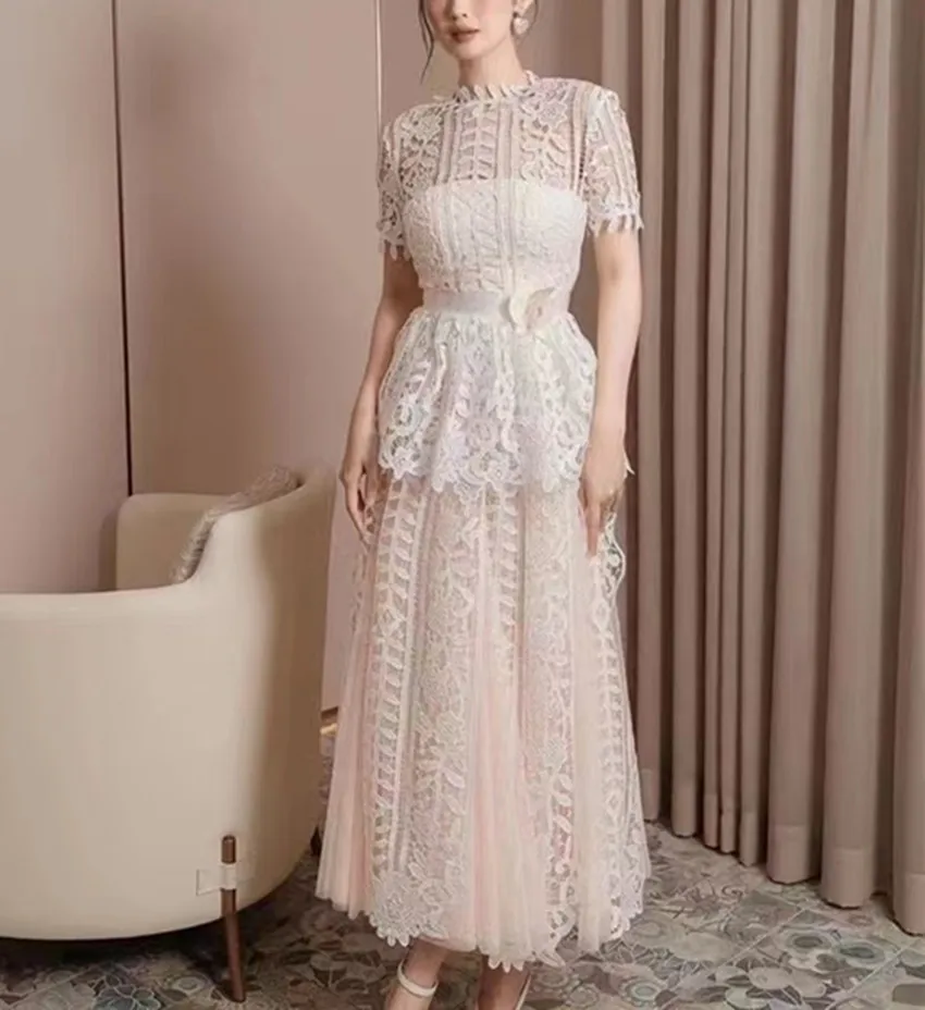 

Женское длинное кружевное платье в стиле пэчворк, модельное дизайнерское винтажное платье с цветочным рисунком, белое свободное платье