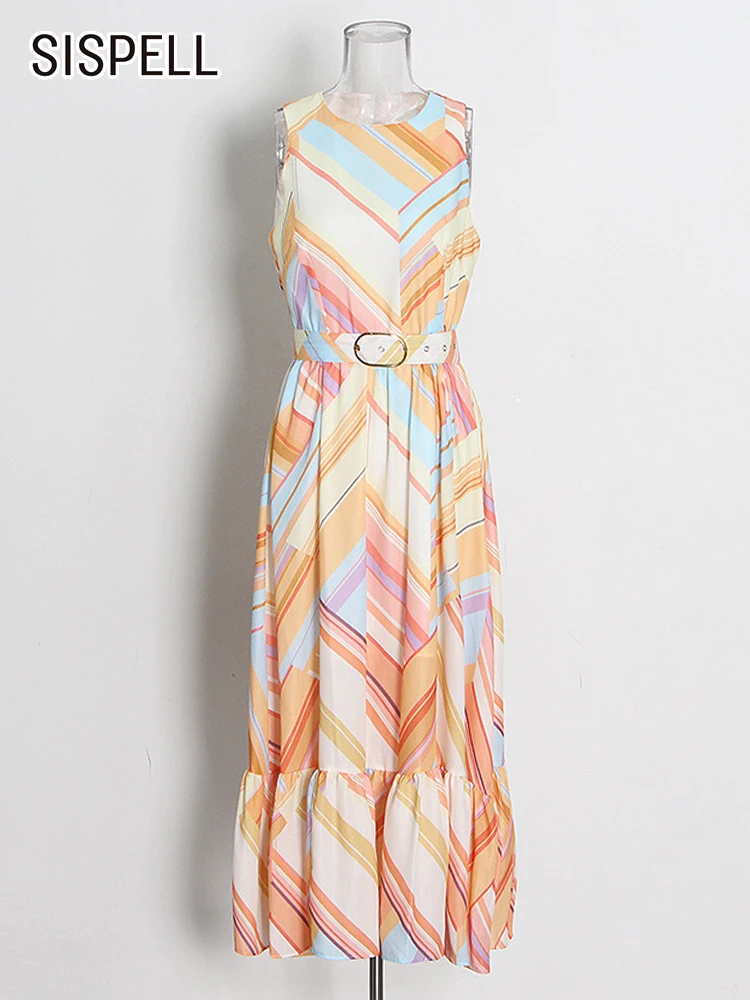 

SISPELL Vintage Print Colorblock Dress For Women Round Neck Sleeveless High Waist Loose Midi Dresses Female Fashion Clothing New