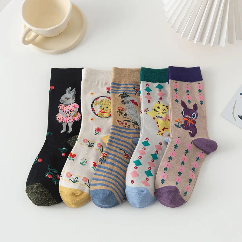 

Omikaa Korea Style New Animal Socks Female Socks Puppy Rabbit Cat Cute Cartoon Stockings Middle Tube Kawaii Woman Socks Black