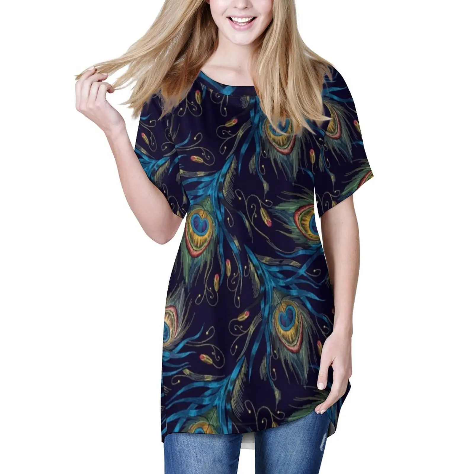 

Длинная футболка с принтом павлина, с коротким рукавом