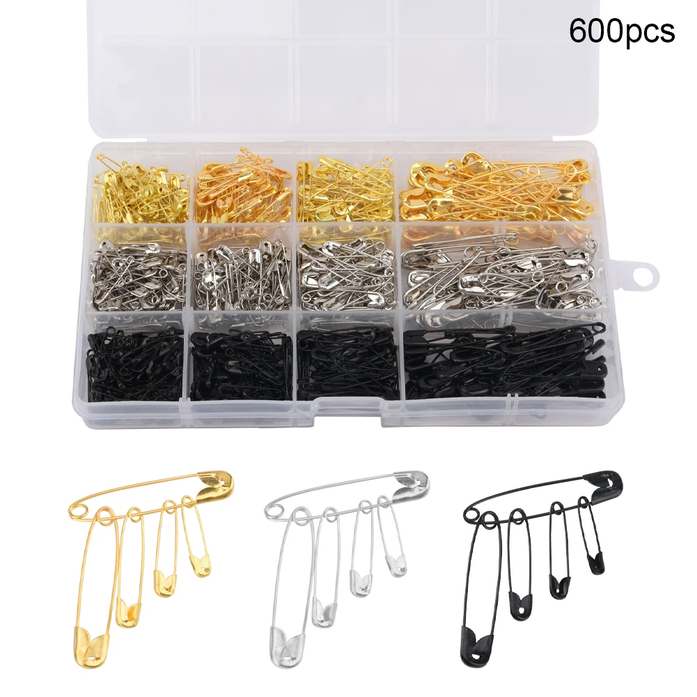 600pcs Jewelry Making Sewing Safety Pin Crafts Home With Storage Box Dressmaking 4 Sizes For Clothes Durable Nickel Plated Steel