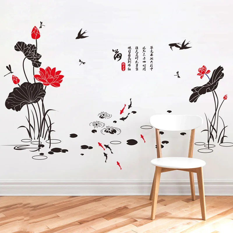 

Large Wallpapers Chinese Style Lotus PVC Poster Decals Removable Waterproof Wall Stickers Home Decor Living Room Murals