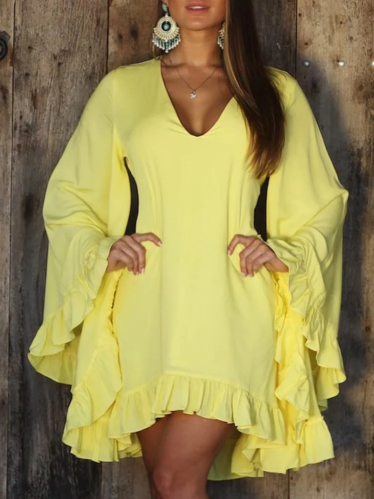 

Elegant Luxury Dress Women 2023 Autumn New Beach Vacation Sweet Solid Ruffle Hem Bell Sleeve V Neck Long Sleeve Mini Dress Robe