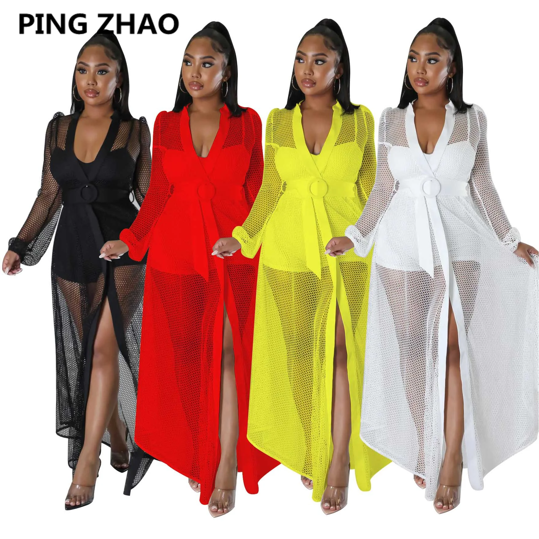 

Элегантное Сетчатое вечерние нее платье макси на тонких бретельках с подкладкой Длинный Кардиган с длинным рукавом и поясом Vestidos