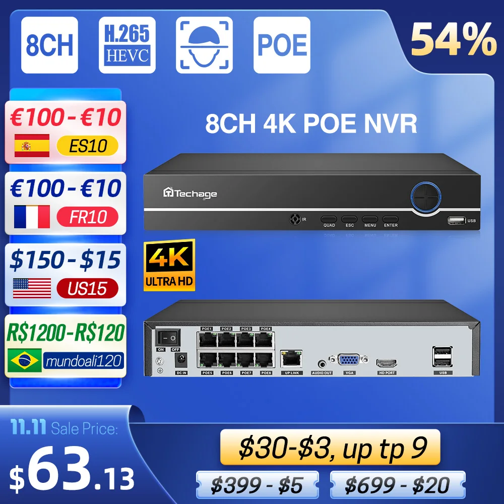 

Система видеонаблюдения Techage, H.265, 8 каналов, 5 МП, 4 МП, 3 Мп, 1080P, PoE, NVR, для PoE IP-камеры, видеорегистратор, аудиовход