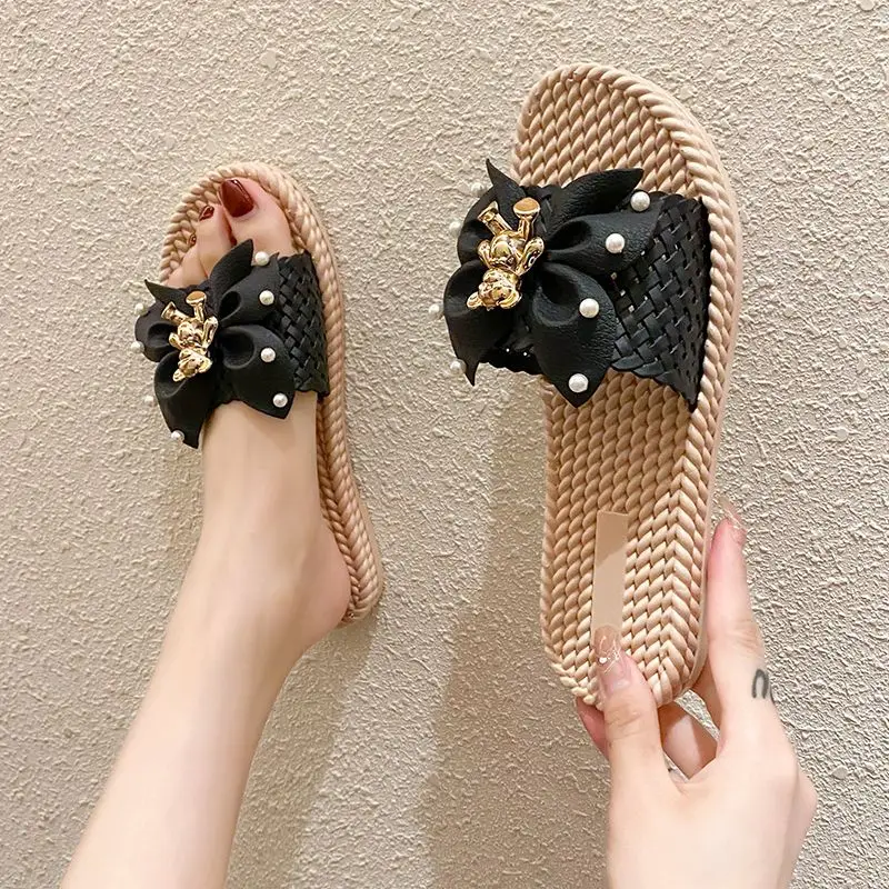 Women  Bohemia Flip Flops Floral Bow Sandals Flax Slippers Summer Casual Slides Beach Shoes Ladies Indoor Linen Slippers