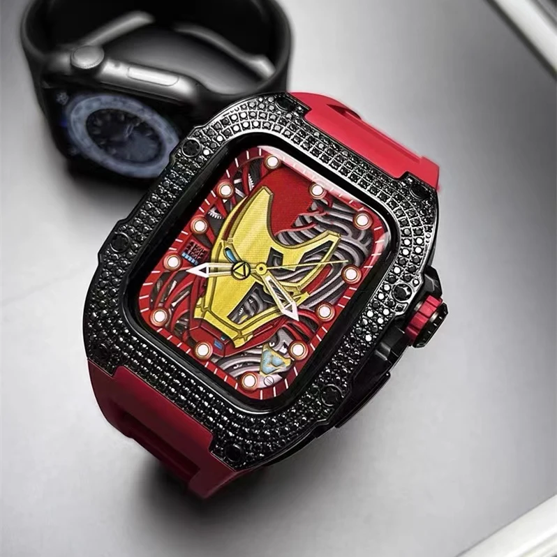 Stainless Steel Case for Apple Watch 7 45mm 44mm Fluororubber Strap Luxury Diamond Bezel Modification Kit for IWatch 6 5 4 SE