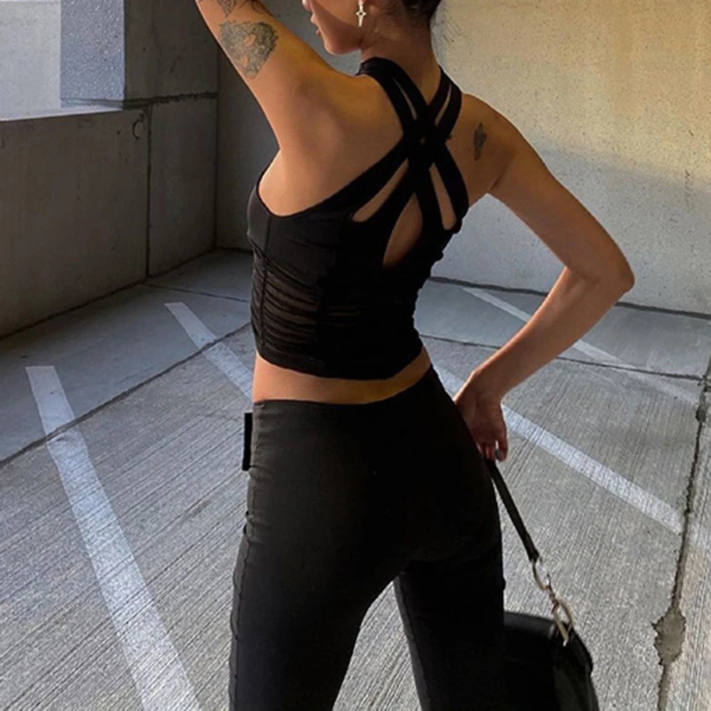 

Black Sexy Crop Top Women Mesh Ruched Skinny Summer Tank Tops Girls Club Party Vest Perspective Hollow Out Slim Vests Gothic