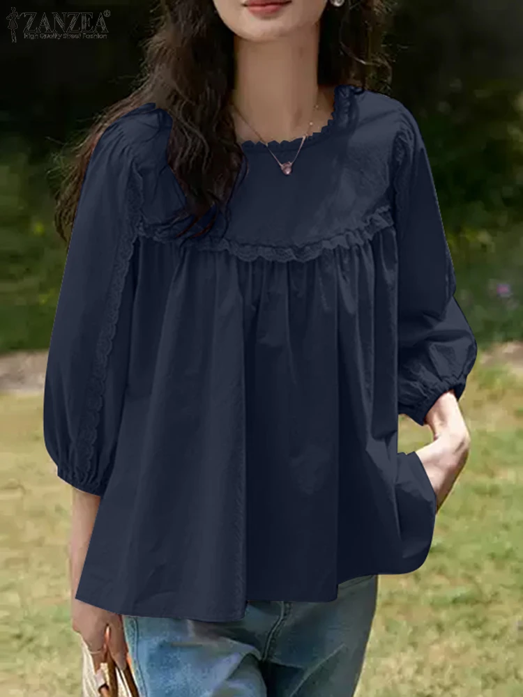 ZANZEA Блузки с пышными рукавами и круглым вырезом женские блузки кружевными