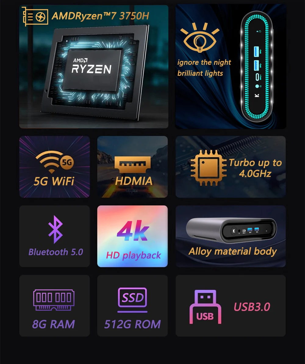 Мини-ПК KUU с металлическим корпусом AMD Ryzen 7 3750H 8 Гб DDR4 512 SSD Windows 10 pro игровой