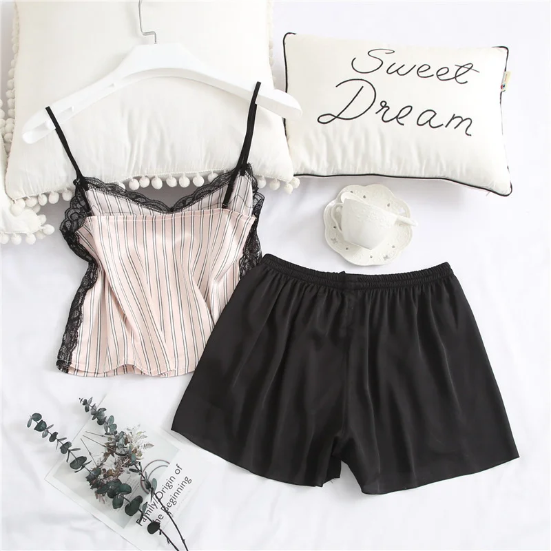 Women's Sleepwear 2 Pcs Sets Tops+Shorts Sexy Lace Satin Striped Sleeveless V-neck Cozy Soft Pyjama Sets