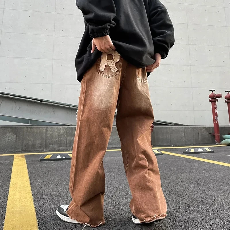 N GIRLS American Y2K Patch Embroidery Straight Jeans Man Brown Baggy  2022 High Waist Trousers Streetwear Denim Pants Women New