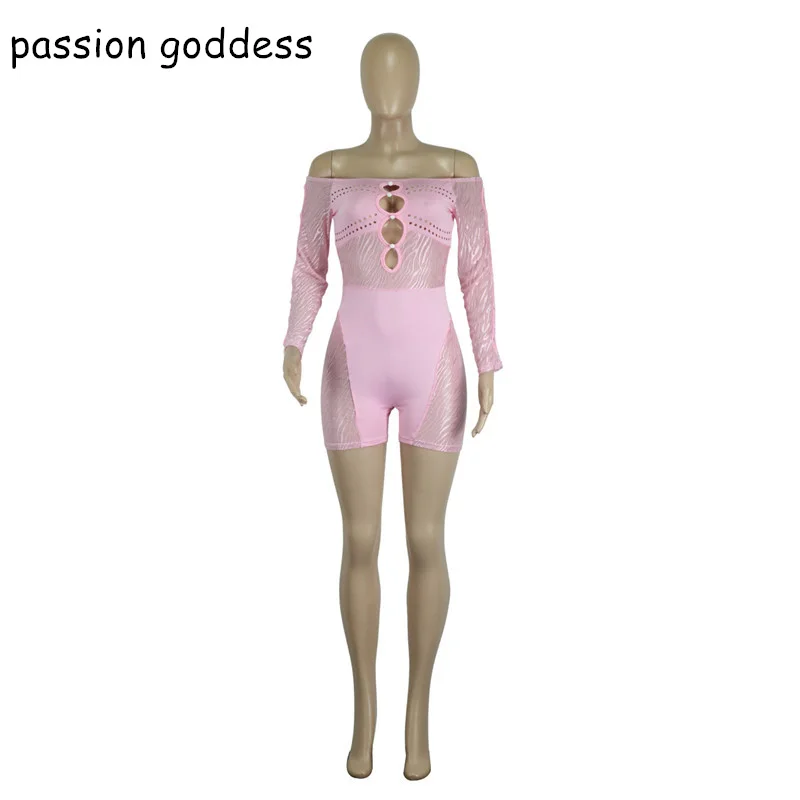 Women 2023 Long Sleeve Slash Neck Hollow Out Bodycon Hot Sexy Playsuits Off The Shoulder Mesh Night Club Bodysuits Party Rompers