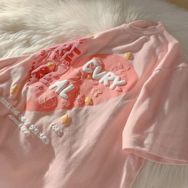 

DUOFAN Cute Girl O Neck Letter Printing Appliques T Shirt Women Korean Fashion Half-sleeve Sweet Y2k Harajuku Style Tees Tops