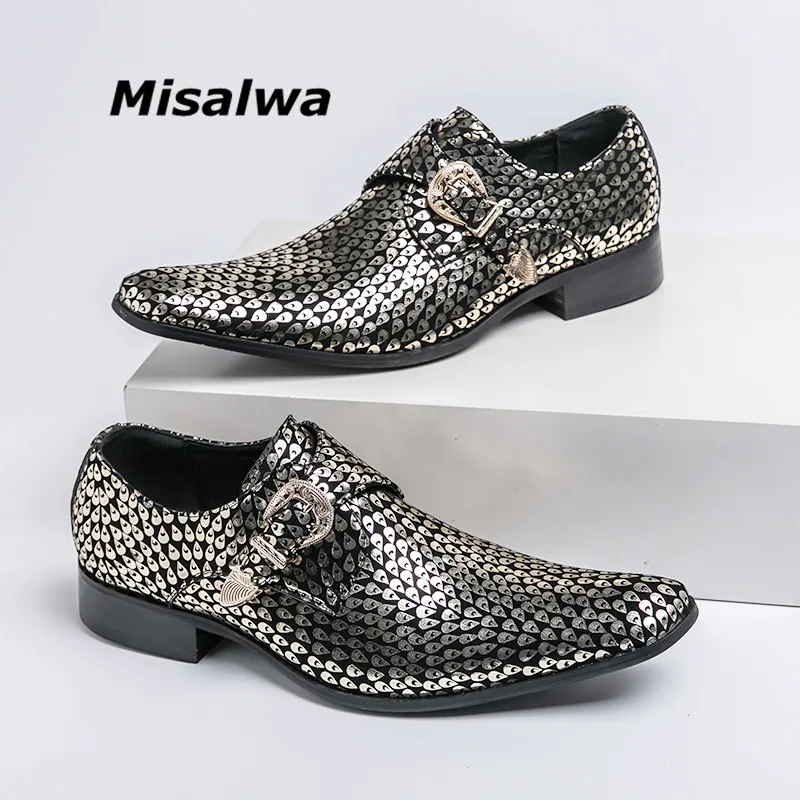 

Misalwa Pointy Men Party Shoes Men's British Oxford Wedding Shoes Plus Size Silver Gold Mid Heel Elegant Men Suit Shoes