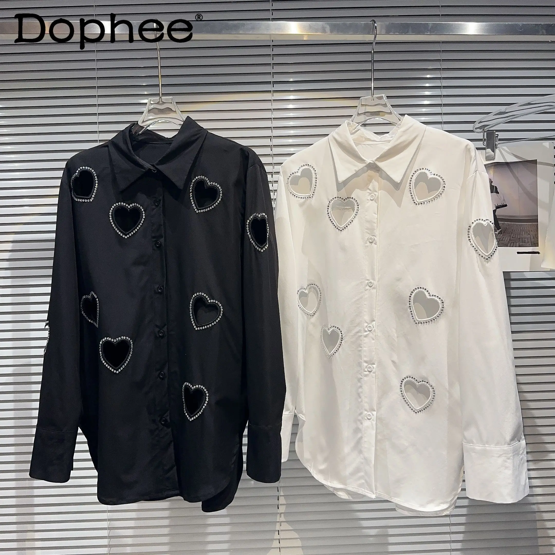 

2023 Autumn New Hot Girl Socialite Hollowed Heart Shape Rhinestone White Shirt for Women Polo Collar Long Sleeve Blouse Camisas