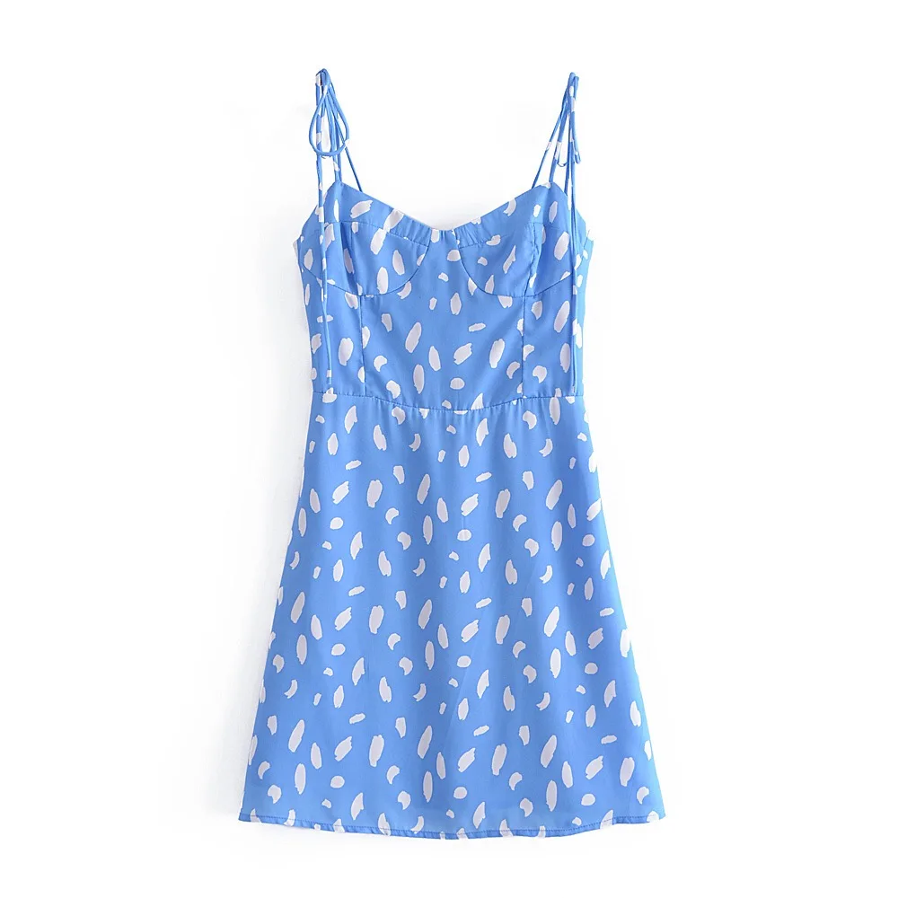 Женское платье на бретелях-спагетти голубое Бандажное в горошек с леопардовым