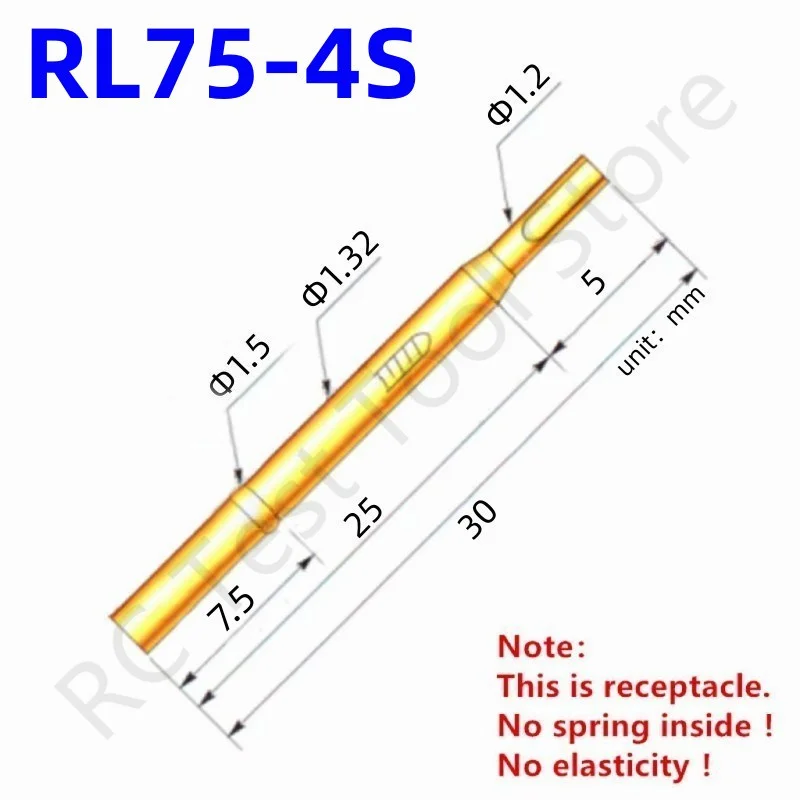 

100PCS RL75-4S Test Pin PL75-B1 Receptacle Brass Tube Needle Sleeve Seat Solder Connect Probe Sleeve 30mm Outer Dia 1.32mm