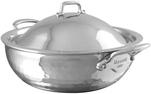 

5-Ply Hammered Polished Stainless Steel Splayed Curved Saute Pan With Dome Lid, And Cast Stainless Steel Handles, 3.3-qt, Franc
