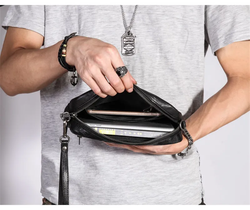 Fashion casual luxury natural genuine leather men's shoulder crossbody bag real cowhide multifunctional black clutch chest bag