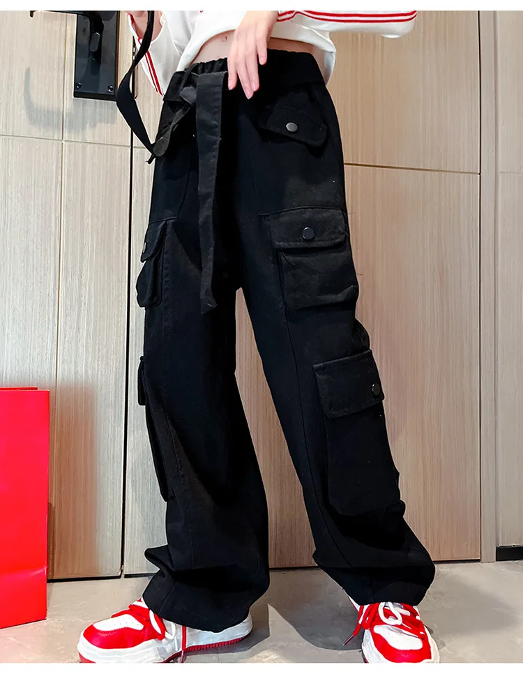

Teen Girls Cargo Pants with Belt Pockets Army Green High Wasit Straight Trousers Spring Fall Kids Clothes Elastic Waist Cotton