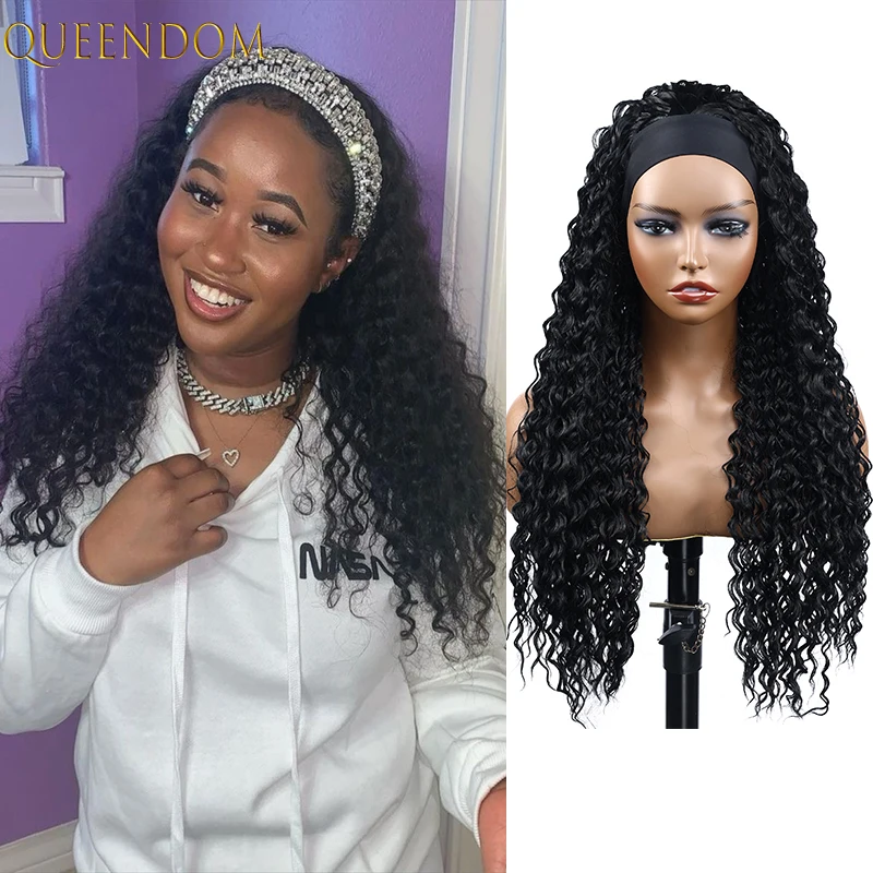 Synthetic Loose Deep Wave Women's Headband Wigs 10-26 Inch Long Black Water Wave Curly Headband Wig with Scarf Cosplay Perruque