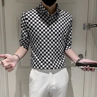 summer mens shirt checkerboard print short sleeve shirt sense of luxury summer slim fit half sleeve shirt