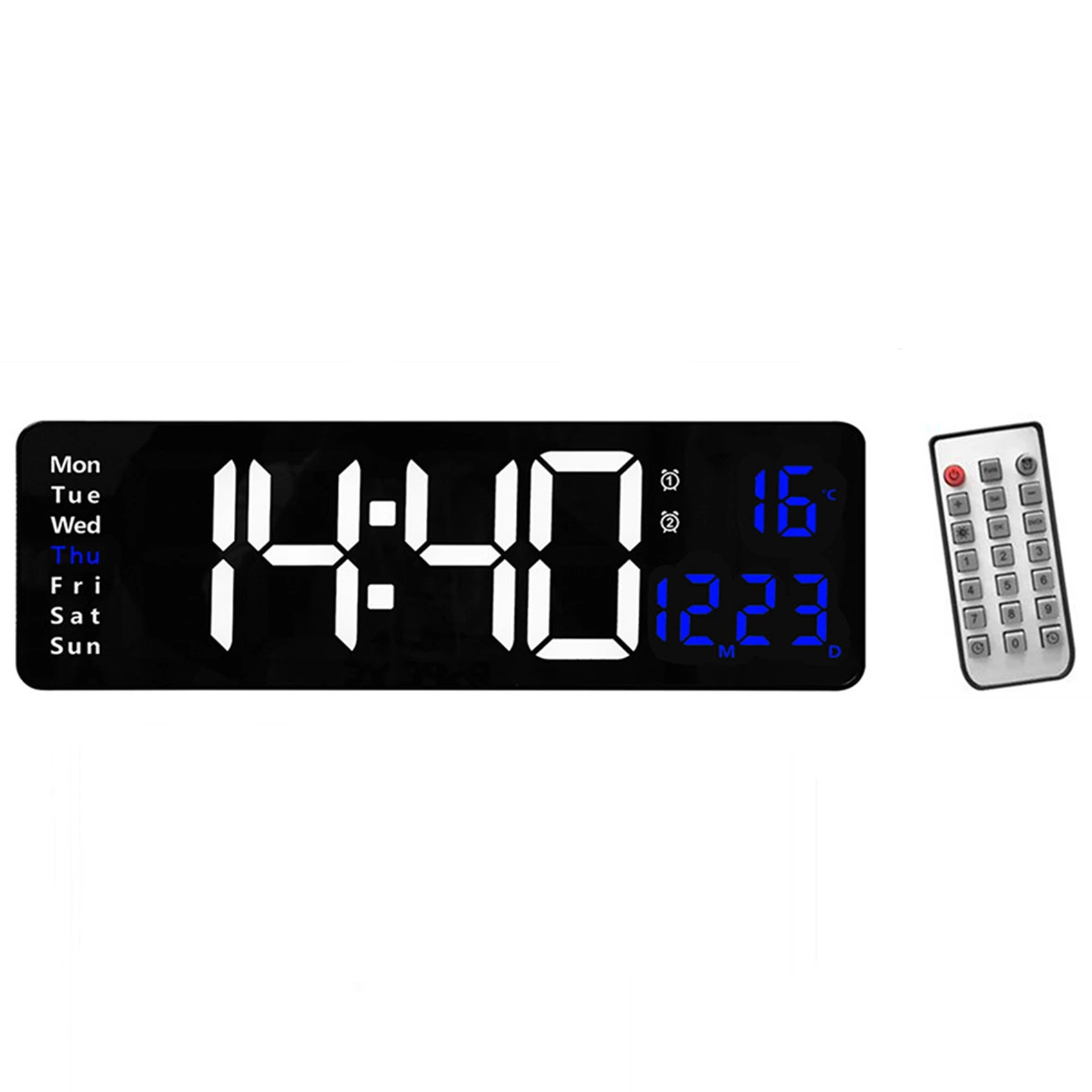 

Remote Control Large Electronic Wall Clock Temp Date Power Off Memory Table Clock Wall-Mounted Dual Alarms Blue