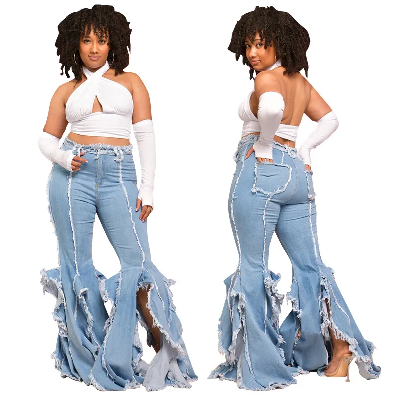 

2023 Women Flare Jeans High Waist Fringe Hole Denim Skinny Pants Ladies Stretch Jeans Female Wide Leg Jeans Bell Bottoms Clothes