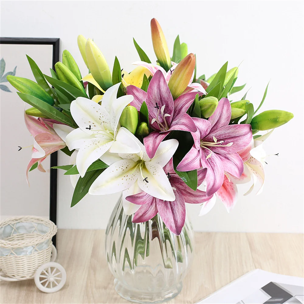

41cm Single Artificial Lily Flowers Two Flowers One Bud Branch Simulation Flower Wedding Bouquet Decor Home Office Garden Decor