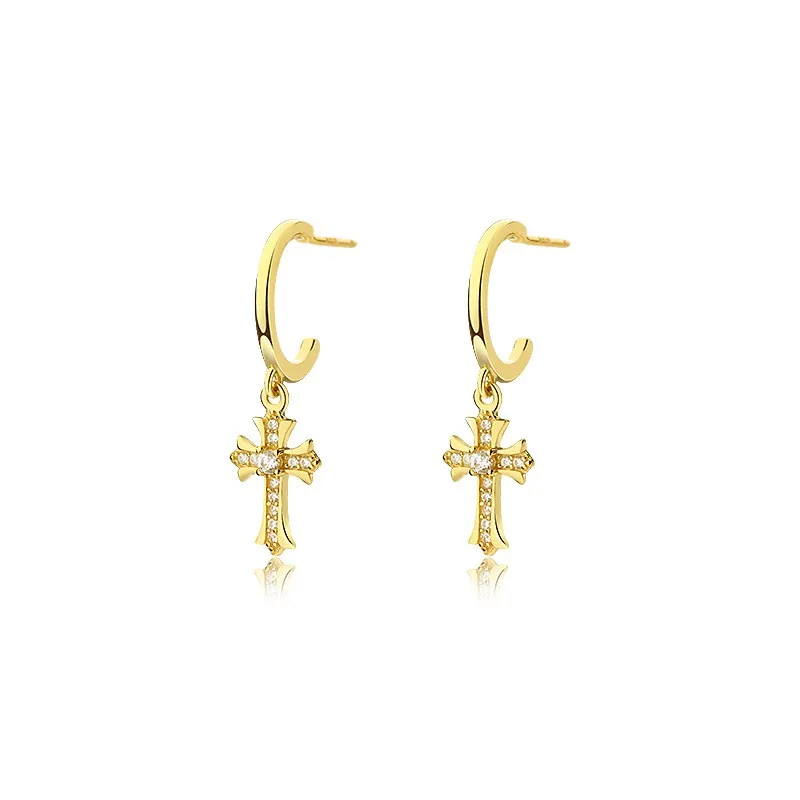 

14K Gold CZ Cross Huggie Drop Earring S925 Sterling Silver Hypoallergenic Dainty Cubic Zirconia Hoop Dangle Earrings for Women