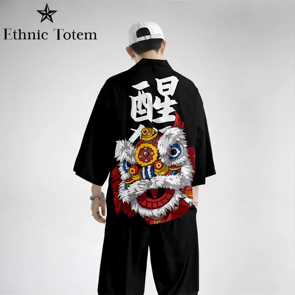 

Kimono Samurai Clothing Men Women Beach Shirt Cloak Cover Up Chinese Tradition Culture Lion Dance Tiger Japanese Haori Kimono