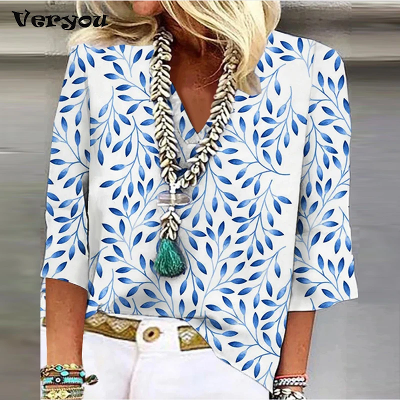 Женская футболка с принтом листьев Повседневная Свободная V-образным вырезом и