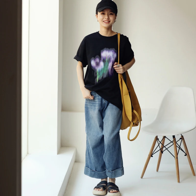 Женская хлопковая футболка с коротким рукавом круглым вырезом и - купить по