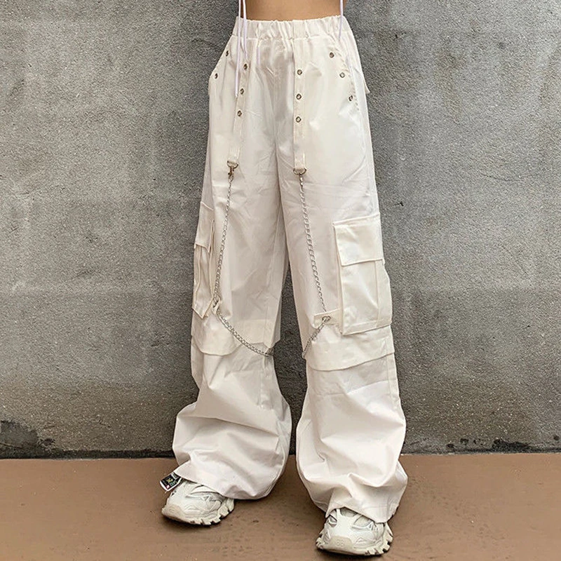 

Lucyever Jogging Cargo Pants Women Harajuku Streetwear High Waist Wide Leg Trousers Woman Teens White with Chain Hip Hop Pants