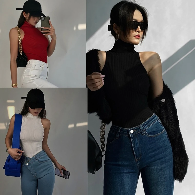 

Women Turtleneck Sleeveless Crop Top Summer Solid Color Bodycon Rib Sweater Vest
