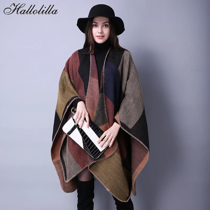 

New Fashion Winter Warm Casual Plaid Ponchos and Capes for Women Shawls Wraps Cashmere Pashmina Female Bufanda Mujer