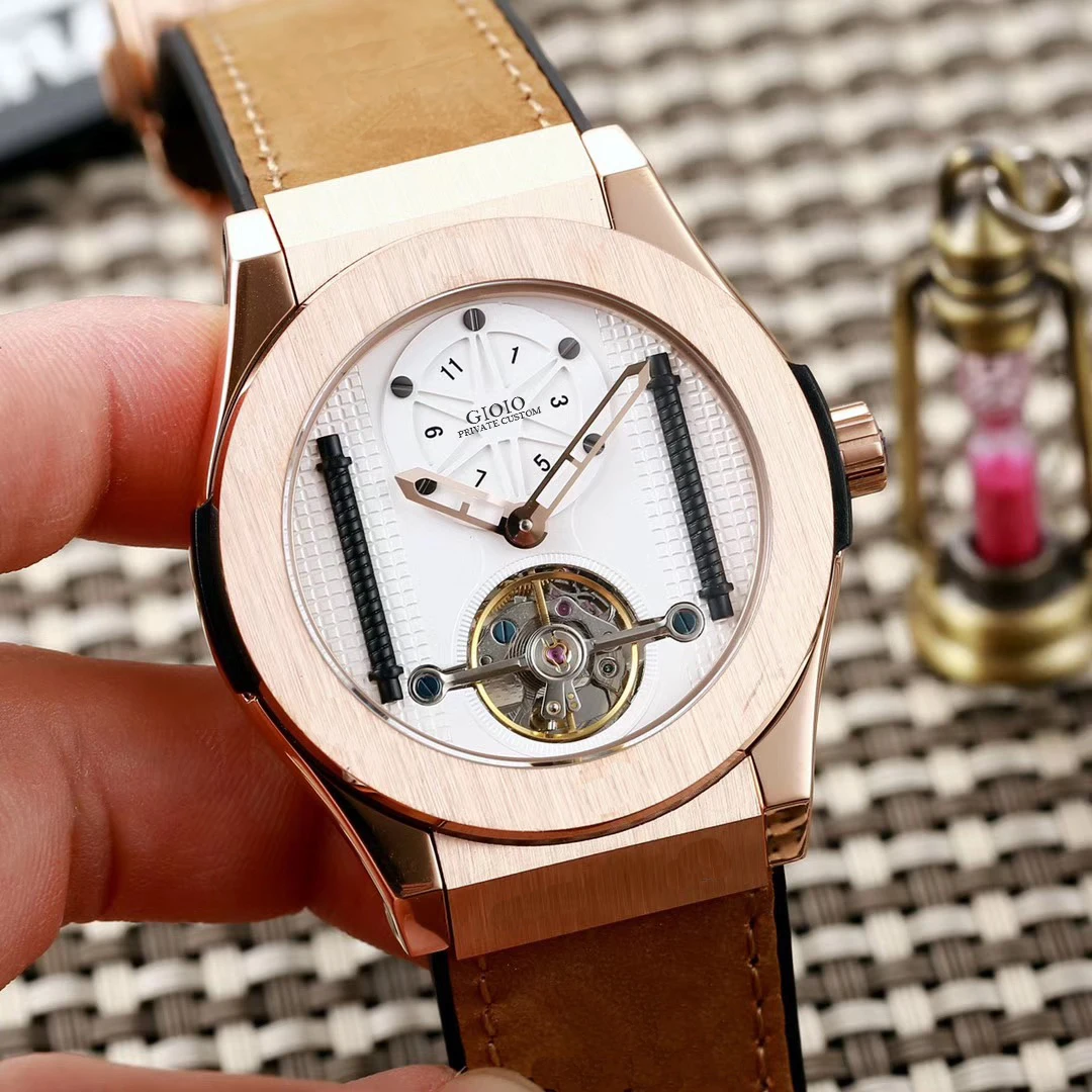 

men Automatic Mechanical watch tourbillon Black Brown Leather